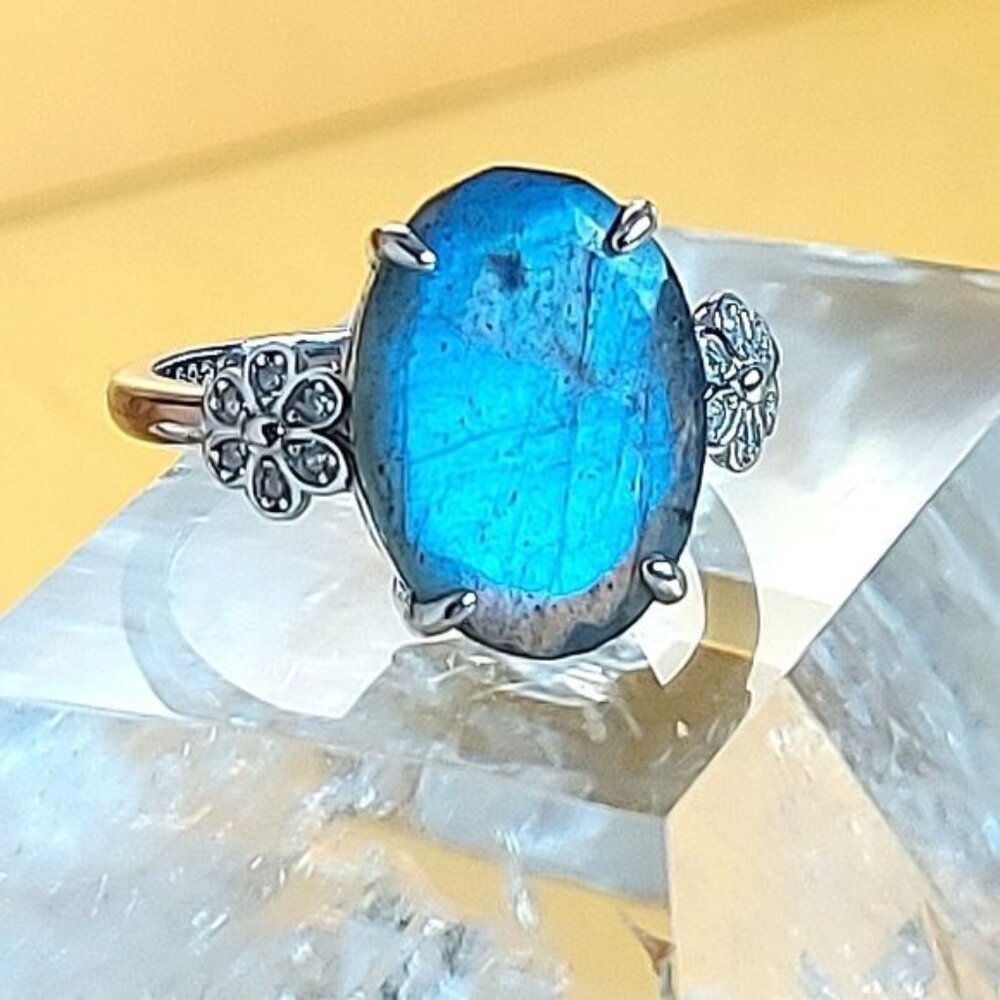 Natural Labradorite & CZ 925 Sterling Silver Ring Sz 6.75